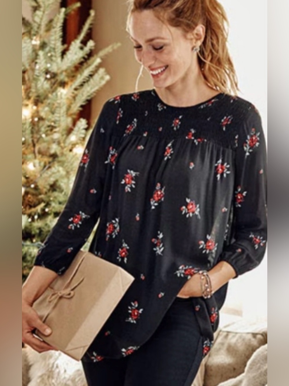 J. Jill Black Three Quarter-Sleeve Floral Smocked Yoke Top